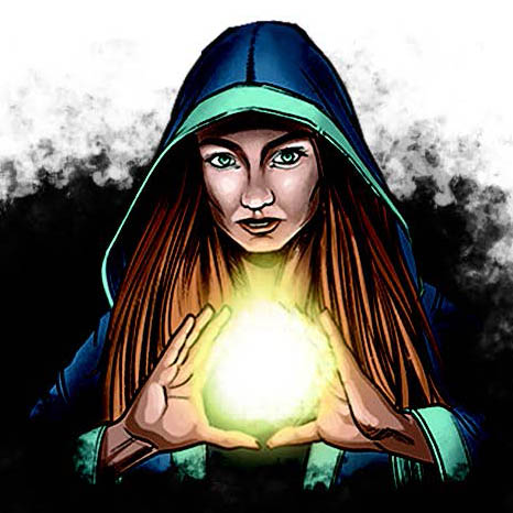 Priestess Eltrion, female cleric wearing a green and blue hooded cloak, creating a ball of bright, holy, yellow light between her hands.