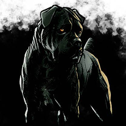 Snuffles, a large black dog with floppy ears and yellow eyes.