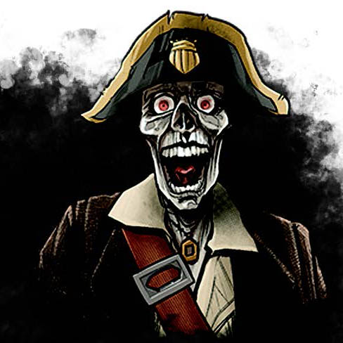 Tobias Sand, cheerful looking undead pirate with a black and yellow hat, maroon jacket, gaunt cheeks and red eyes.