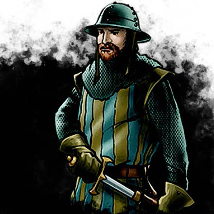 Windward Militia, simple soldier with a metal helmet, blue and yellow striped tabard, and a well kept sword.