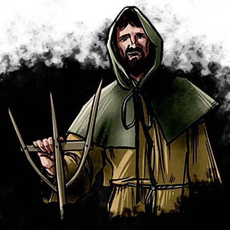 Windward Villager, simple peasant with a cloth hood, bearing a pitchfork.