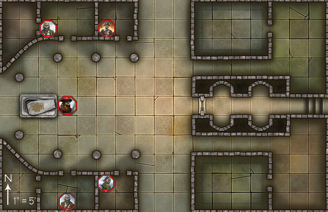 A 17 by 11 square map of a crypt with several ossuaries.