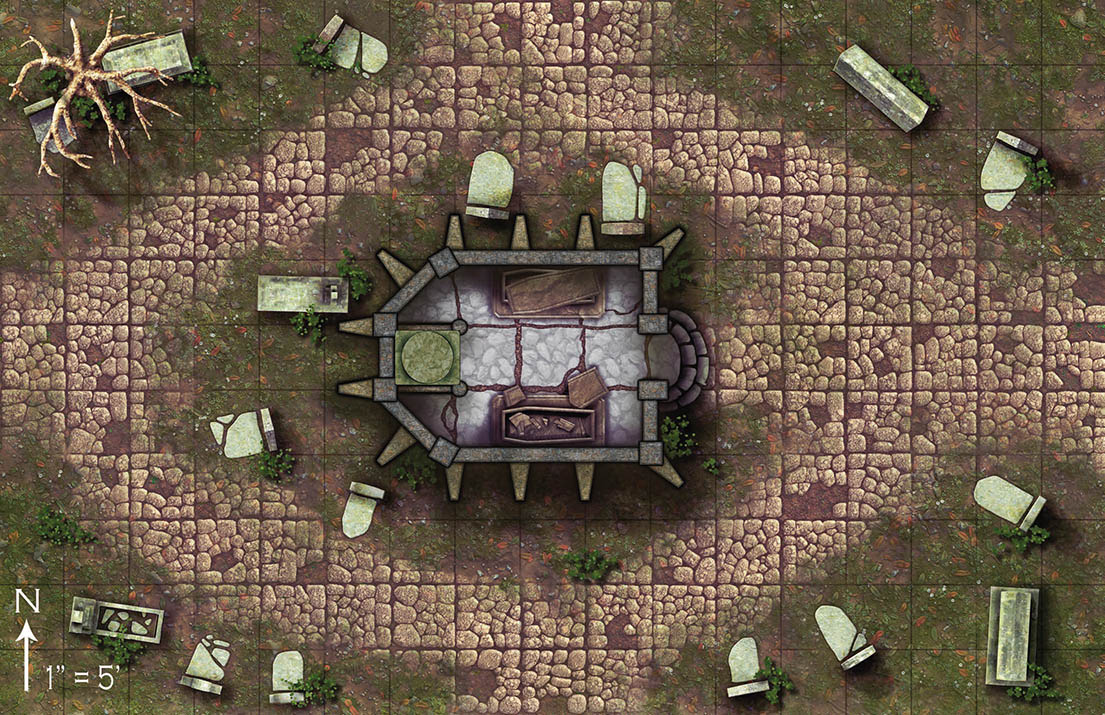 A 17 by 11 square map of a graveyard. Broken headstones lie fallen around a small 4 by 3 crypt containing 2 coffins and an altar.